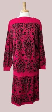 Fritzi Sweater & Skirt 2pc Set Retro Chic Pink Black Damask Large Made in USA